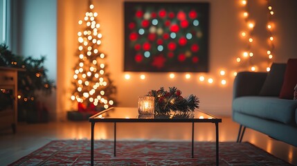 A minimalist glass table, placed in front of softly blurred holiday-themed wall art adorned with red and green festive patterns, with glowing string lights enhancing the modern holiday vibe --ar 16:9