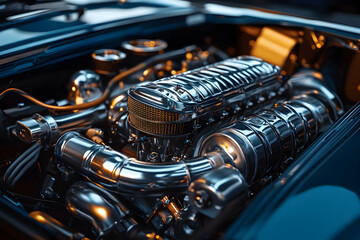 Chrome Engine 3D Illustration: Powerful Car Engine Detail