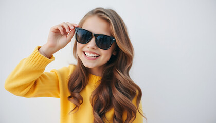 Naklejka premium Smiling Young Girl in a Yellow Sweater and Sunglasses Against a Light Background