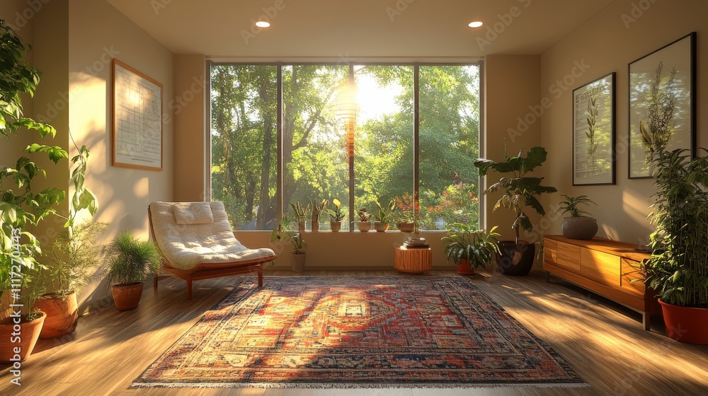 Poster the living room features large windows illuminating the space with soft afternoon light, surrounded 