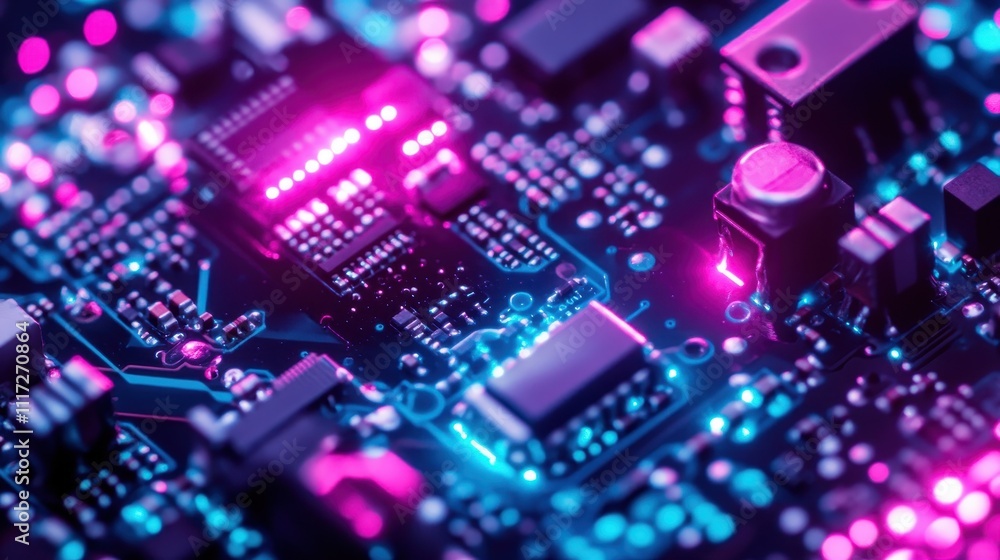 Poster close-up of a circuit board with glowing components.