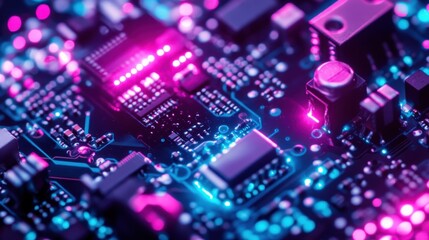 Fototapeta premium Close-up of a circuit board with glowing components.