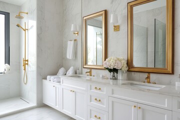 Fototapeta premium Elegant marble bathroom featuring luxurious decor and exquisite design details for a sophisticated ambiance.