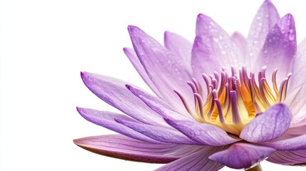 Close-up of a delicate, purple lotus flower with water droplets, showcasing intricate details of petals and stamen.