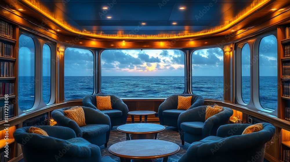 Poster This inviting lounge features plush chairs and tables, illuminated by soft lighting, offering a stunning view of the ocean at sunset, creating a tranquil atmosphere.