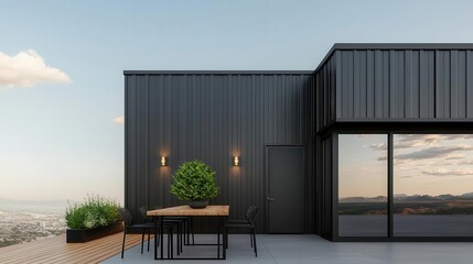 Fototapeta premium Industrialstyle container dining room exterior with rusted metal finish, openair seating area, and urban setting