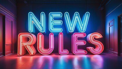 Eye-catching neon sign announcing "NEW RULES" in a contemporary art gallery.
