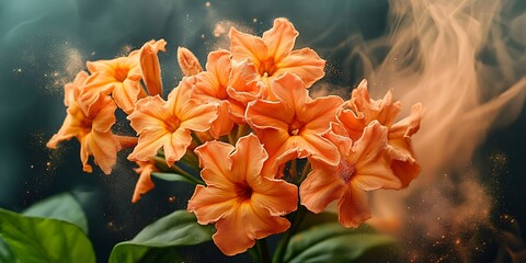 In a vibrant garden during spring, delicate orange lilies showcase their beauty amidst a soft, blurred background of green and golden hues, illuminated by warm sunlight