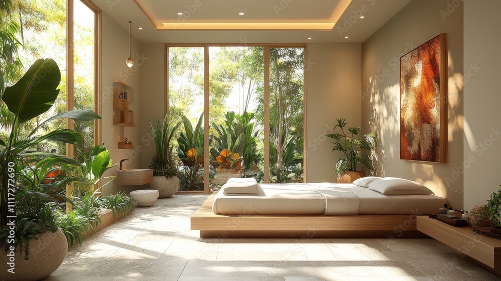 Fototapete a spacious bedroom features a low platform bed and large windows that open to a vibrant garden, crea
