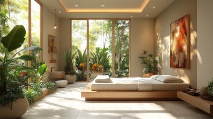 A spacious bedroom features a low platform bed and large windows that open to a vibrant garden, creating a tranquil and inviting atmosphere.