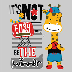 Cheerful Cartoon Giraffe Playing Basketball with Motivational Winner Theme for Kids