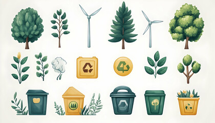 Collection of eco-friendly icons including trees, plants, wind turbines, and recycling bins.