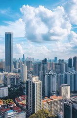 Stunning Cityscape with Towering Skyscrapers Against a Bright Blue Sky and Fluffy Clouds
