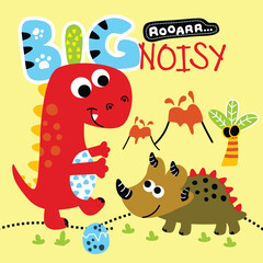 Cute Cartoon Dinosaurs with Eggs and Volcano in Prehistoric Scene Illustration
