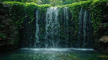 Lush green foliage cascades over a small waterfall into a tranquil pool.