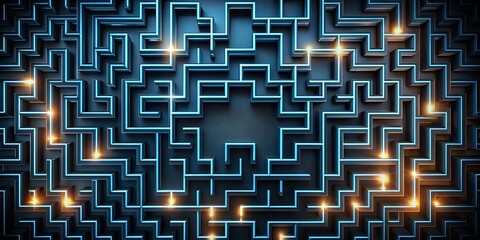 Beautiful maze background with neon light. Creative geometric labyrinth with glowing edges in 3D