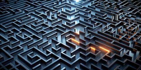 Beautiful maze background with neon light. Creative geometric labyrinth with glowing edges in 3D