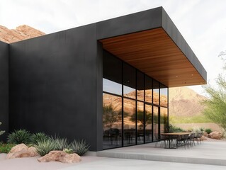 Modern container dining room exterior with concrete finish, outdoor seating, and desert landscape