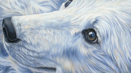 Close-up painting of a white dog's face, detailed fur texture and expressive eyes..