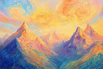 Colorful, impasto painting of mountain peaks at sunset.