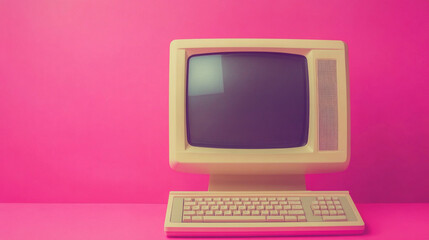 retro computer, pink background, vintage technology