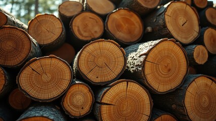 Fototapeta premium A close-up view of a stack of wooden logs revealing the intricate patterns of tree rings, highlighting the natural beauty and unique history captured within each circular slice.