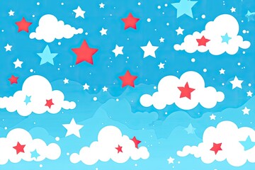 Colorful blue sky with white clouds and stars. Perfect for children's books, decorations, and designs.