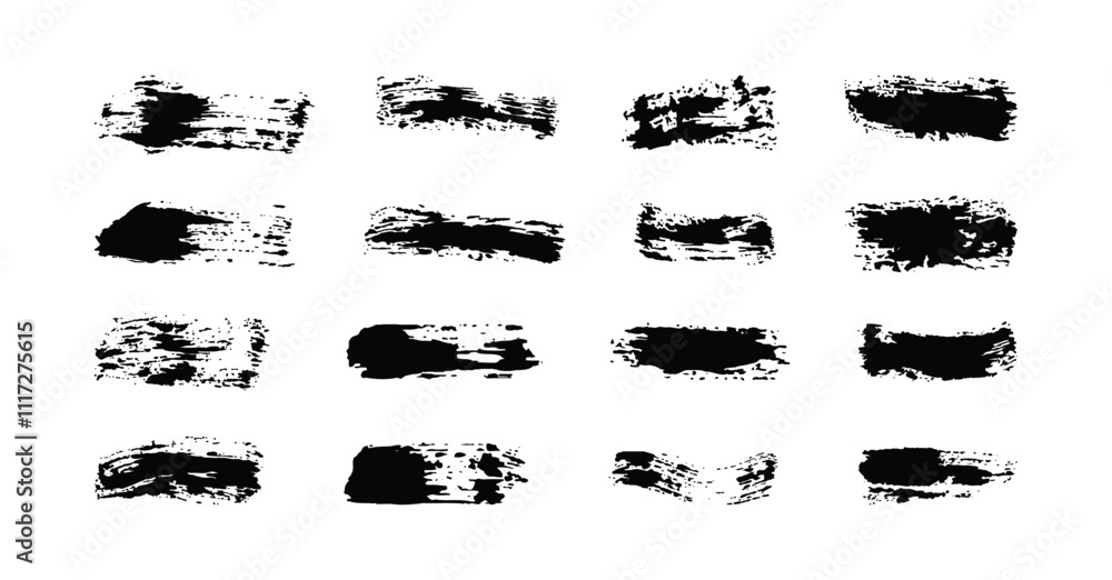 Aufkleber grunge brush strokes set. dirty effect banners. painted long shapes. black text boxes with texture. 