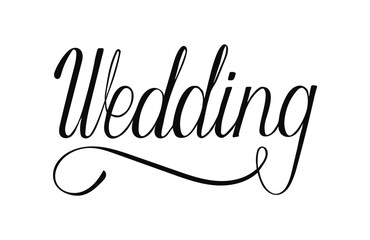 Wedding word hand drawn calligraphy lettering. Elegant black letters for invitations, decorations, signage during marriage celebration. Handwritten thin Script conveys romance and elegance