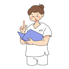 ファイルを見ながら説明する白いスクラブを着た若い女性（怒る、注意）