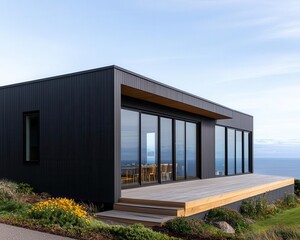 Fototapeta premium Container dining room exterior with large windows, matte black siding, and ocean view, minimalist design
