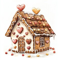 Watercolor painting of a gingerbread house with chocolate shingles and candy heart details, on isolated white background