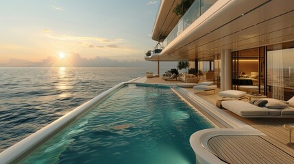 Fototapeta premium Luxury yacht's infinity pool at sunset, overlooking the ocean.