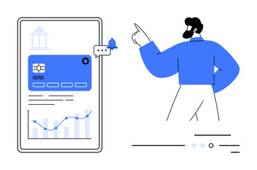 Man pointing at large tablet screen displaying online banking interface with credit card details, notifications, and financial data charts. Ideal for finance apps, online banking, financial