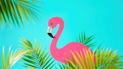 Obraz premium Pink Flamingo Silhouette Framed by Palm Fronds Against a Vibrant Turquoise Background