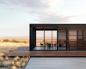 Fototapeta premium Minimalist container dining room exterior with dark metal siding, wooden deck, and view of a tranquil lake