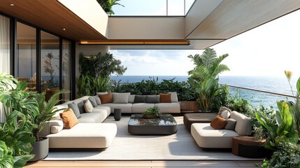 Fototapeta premium A stylish terrace overlooking the ocean features modern seating arrangements surrounded by abundant greenery, creating a tranquil atmosphere.