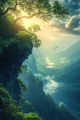 Obraz premium A magnificent natural landscape with trees growing on a cliff face in a mountainous area.