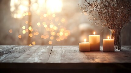 A simple wooden table, highlighted by a softly blurred backdrop of golden fairy lights and flickering candles, evoking a cozy and elegant holiday setting --ar 16:9