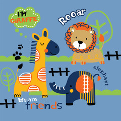 Cute Cartoon Giraffe, Lion, and Elephant with Fun Friendship Zoo Theme Illustration
