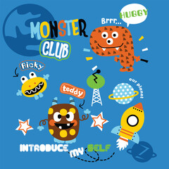 Cute Cartoon Monsters with Rocket and Planet in Fun Space Theme Illustration
