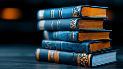 A stack of vintage hardcover books with embossed spines, resting on a dark surface, creating a classic and scholarly aesthetic.