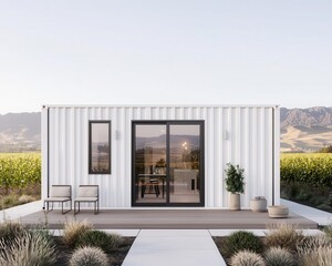 Elegant container dining room exterior with white facade, floortoceiling glass, overlooking a mountain range