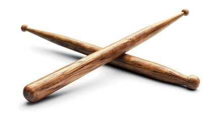 Two wooden drumsticks are laid on a white background