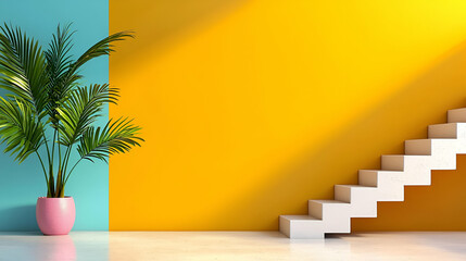 A modern interior featuring a vibrant yellow wall, a blue accent, a white staircase, and a stylish potted plant, creating a fresh and inviting atmosphere.
