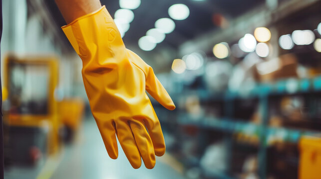 Close-up of worker's hand holding protective glove, symbolizing labor rights and safety in industrial environment.