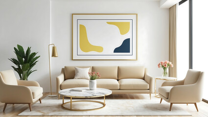 Interior of modern living room with sofa, table and creative artwork.
