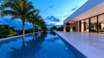 A serene modern home with a reflective pool surrounded by palm trees, set against a twilight sky.