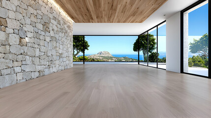A modern, bright interior space with wooden ceilings, stone walls, and large windows showcasing a scenic outdoor view of mountains and trees.