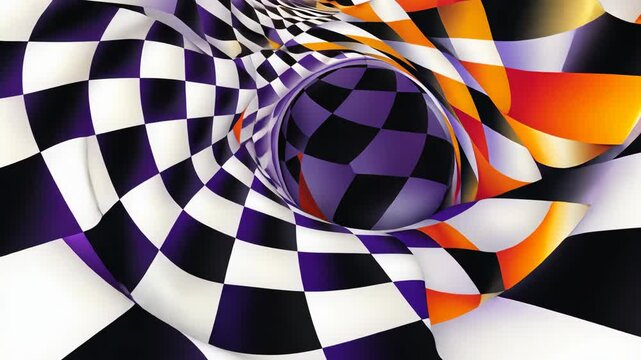 Abstract twisting pattern with vibrant colors and checkered design creating a mesmerizing visual effect in a digital art style